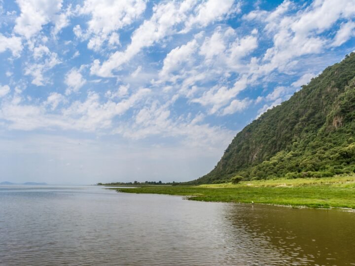 Lake Manyara with the wooded Rift Valley escarpment rising above the shoreline, Lake Manyara National Park, Tanzania