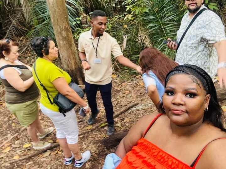 Small group walking with a guide in Jozani Forest, Zanzibar