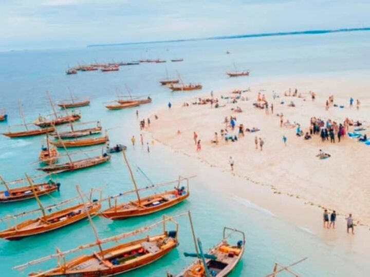 Boats moored at the Nakupenda sandbank off Stone Town, Zanzibar